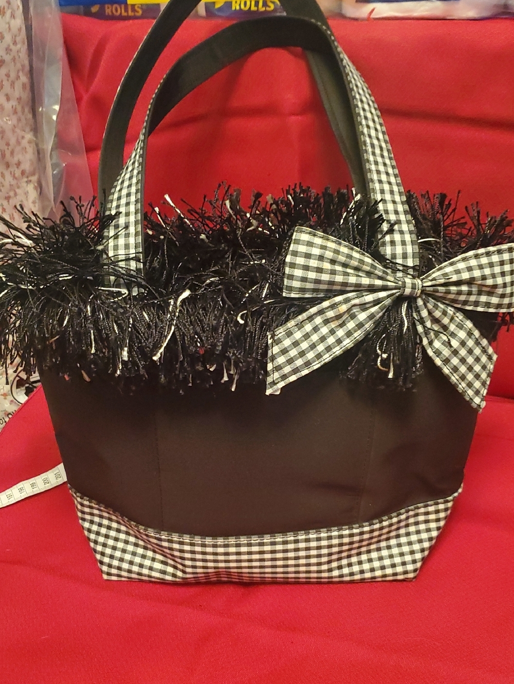 Black Tote Bag with Gingham Trim and Decorative Bow